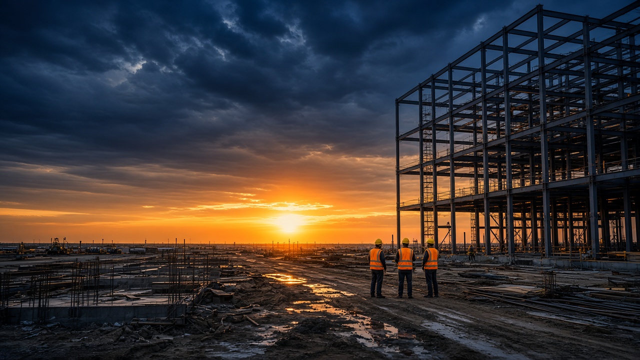 Construction project at sunset